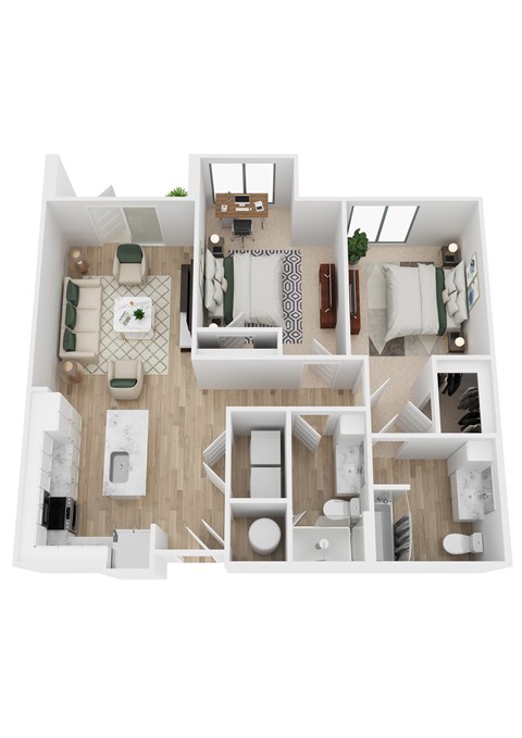 Floor plan for 2 beds, 2 baths, 1117 sqft